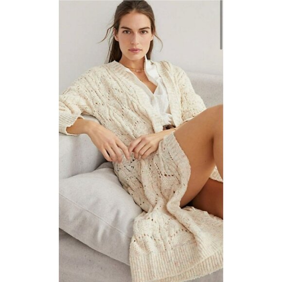Anthropologie Pilcro Pointelle Duster Cardigan S Cream Open Front Boho Hippie - Picture 9 of 10